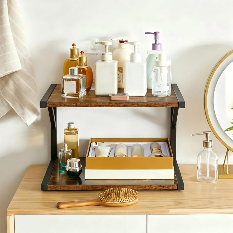 2-Tier Desktop Printer Stand Holder Multi-Purpose Desk Organizer Storage Shelf For Printer Fax Machine Scanner Books Files Rustic Brown - Image 4