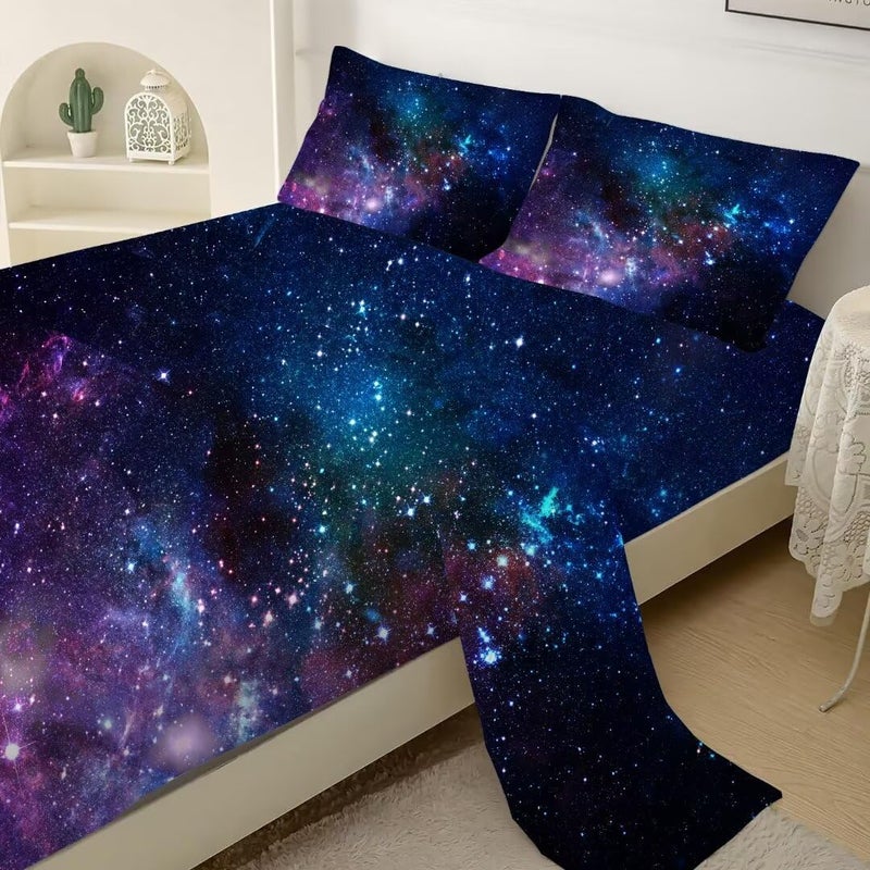 kxry Blue Purple Galaxy Fitted Sheet Sets Full Size for Boys Kids Teens Outer Space Starry Sky Universe Bedding Set 1 Fitted Sheet + 1 Flat Sheet + 2 Pillow Cases - Image 3