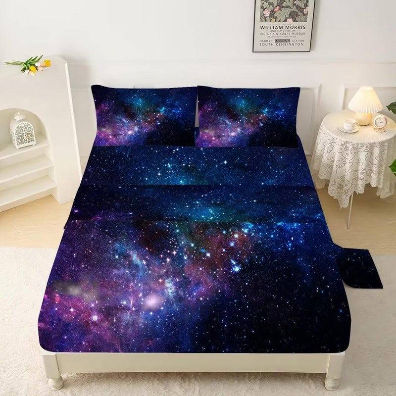 kxry Blue Purple Galaxy Fitted Sheet Sets Full Size for Boys Kids Teens Outer Space Starry Sky Universe Bedding Set 1 Fitted Sheet + 1 Flat Sheet + 2 Pillow Cases - Image 2