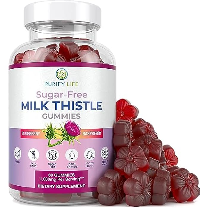 Purify Life Sugar-Free Milk Thistle Gummies for Liver Cleanse Detox & Repair (Natural Blueberry-Raz Flavor) Cardo Mariano, Cleansing Milk Thistle Supplement, Antioxidant Support, Vegan, Replaces Pills & Capsules - Image 1