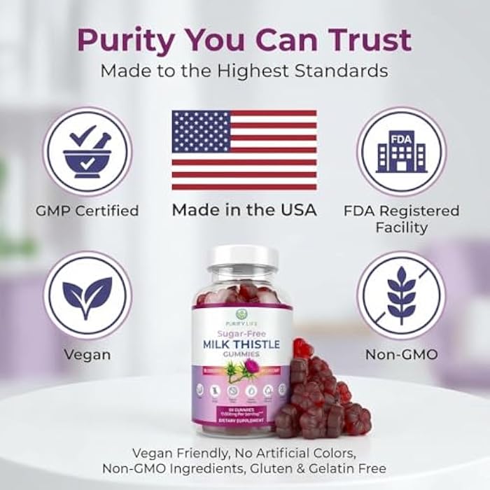 Purify Life Sugar-Free Milk Thistle Gummies for Liver Cleanse Detox & Repair (Natural Blueberry-Raz Flavor) Cardo Mariano, Cleansing Milk Thistle Supplement, Antioxidant Support, Vegan, Replaces Pills & Capsules - Image 5