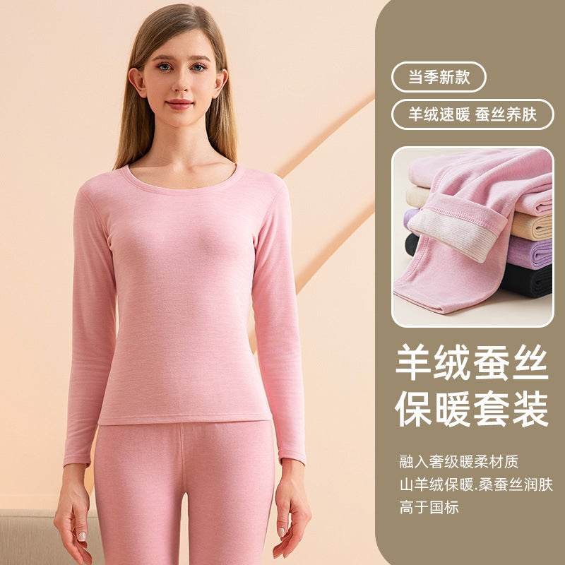 Cashmere Silk Crew Neck Thermal Underwear Suit Men'S Fleece-Lined Autumn Clothes Autumn Trousers Winter Women'S Slim Fit Base - Image 1