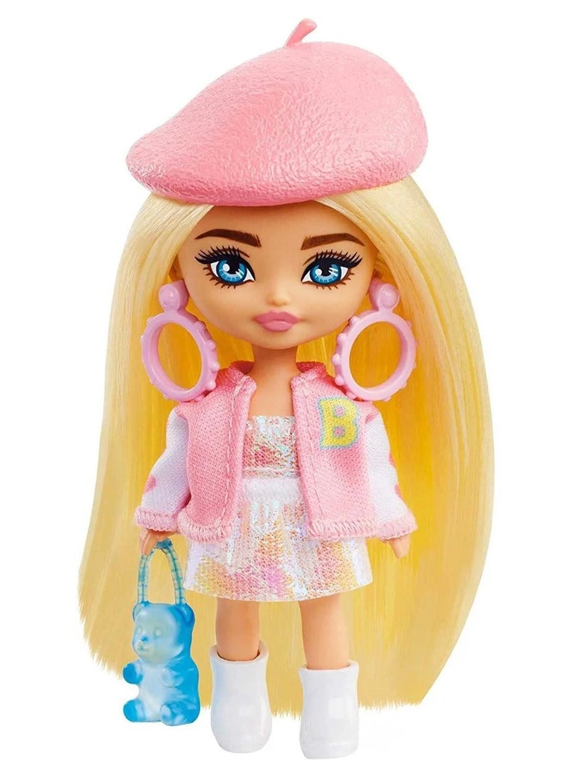 Barbie Extra Mini Minis Doll with Blonde Hair, Beret, Varsity Jacket & Accessories & Stand, 3.25-Inch  - Image 1