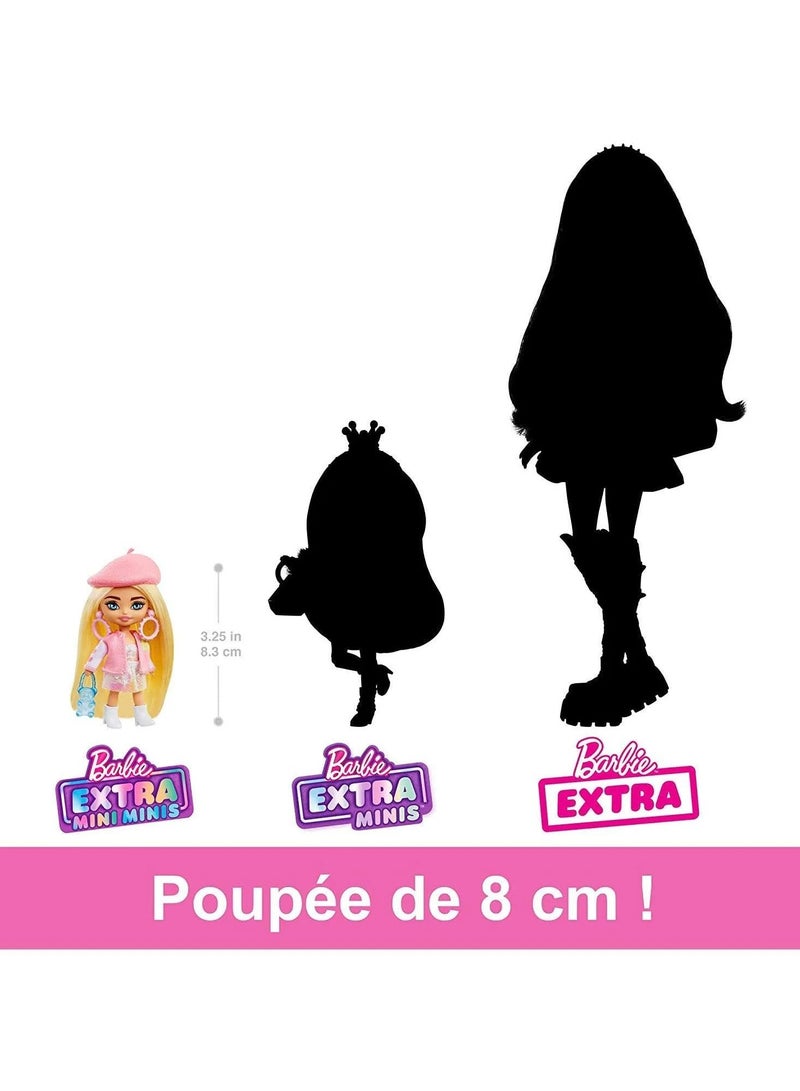 Barbie Extra Mini Minis Doll with Blonde Hair, Beret, Varsity Jacket & Accessories & Stand, 3.25-Inch  - Image 3