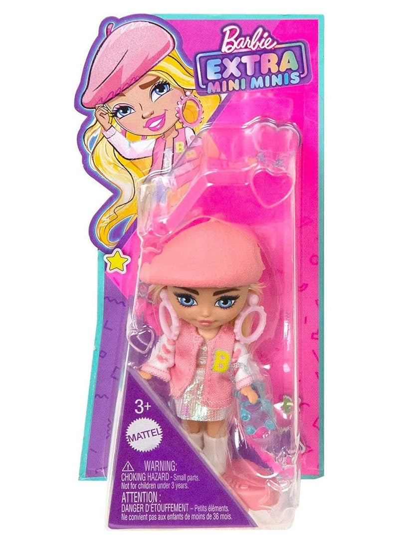 Barbie Extra Mini Minis Doll with Blonde Hair, Beret, Varsity Jacket & Accessories & Stand, 3.25-Inch  - Image 2