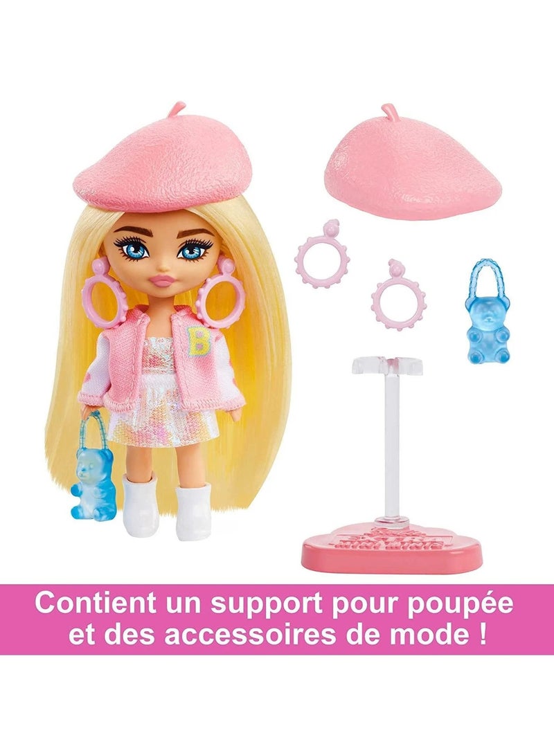 Barbie Extra Mini Minis Doll with Blonde Hair, Beret, Varsity Jacket & Accessories & Stand, 3.25-Inch  - Image 4