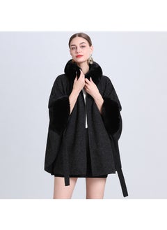 Generic Winter Rabbit Fur Collar Knit Poncho Plus Size Cardigan Women wine red  - Image 5