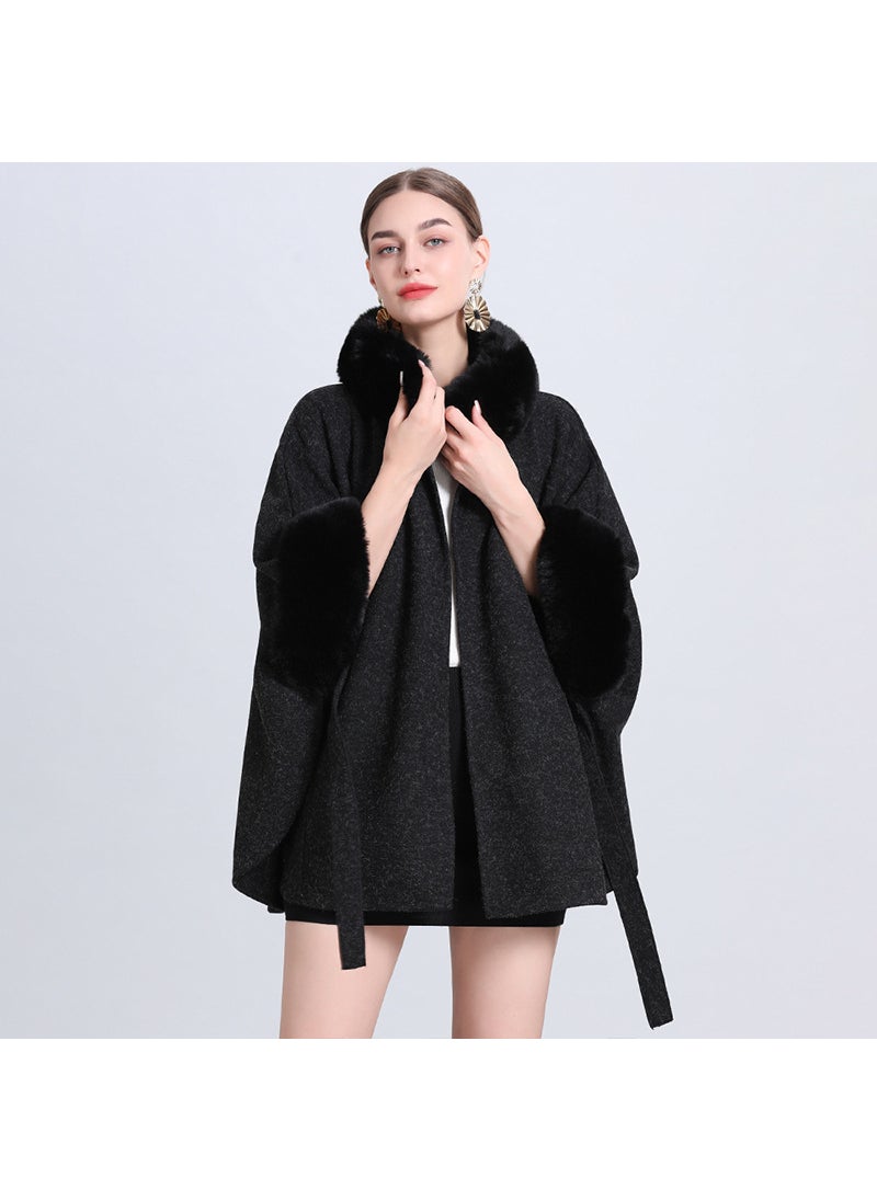 Generic - Winter Rabbit Fur Collar Knit Poncho Plus Size Cardigan Women wine red - Image 1