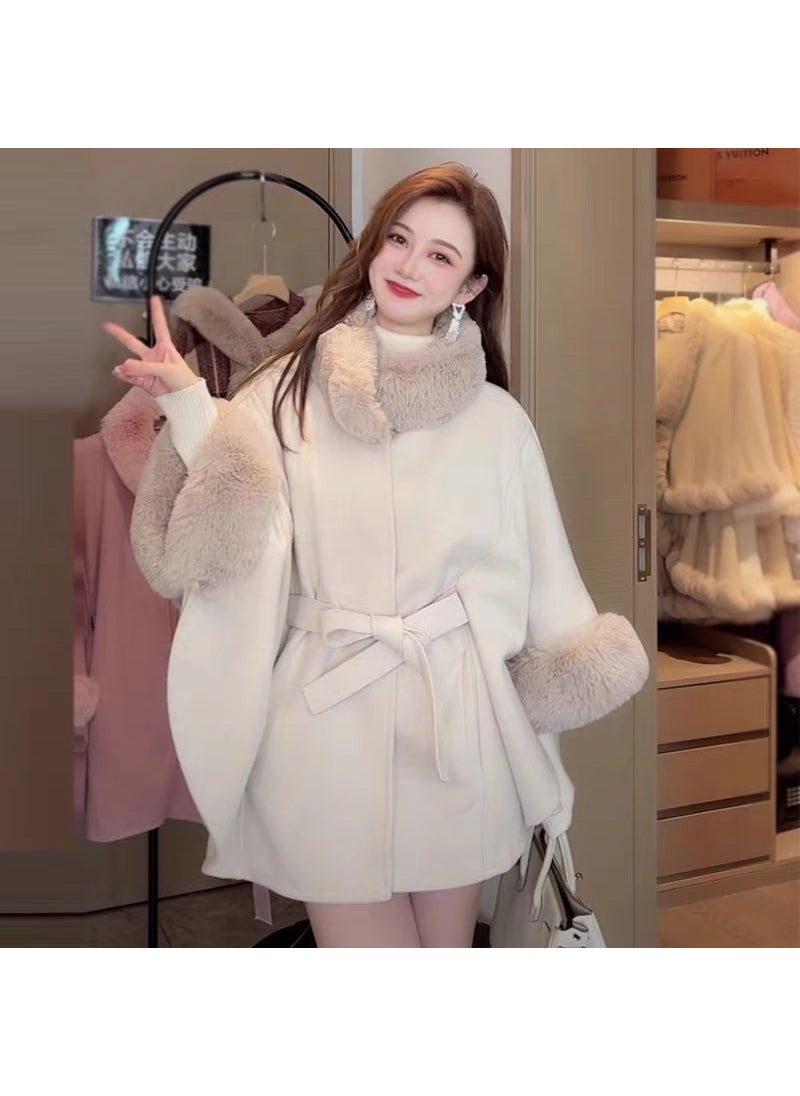Generic - Winter Rabbit Fur Collar Knit Poncho Plus Size Cardigan Women wine red - Image 1