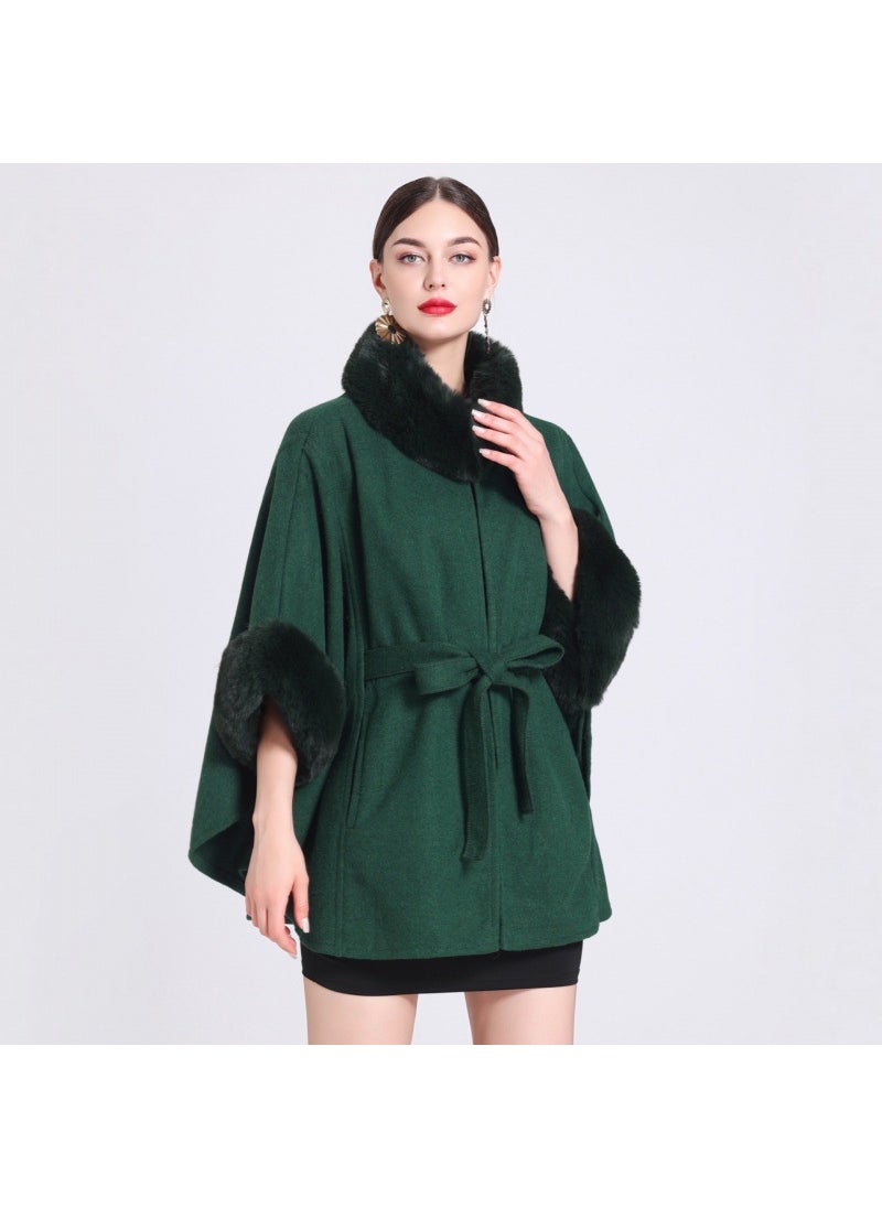 Generic - Winter Rabbit Fur Collar Knit Poncho Plus Size Cardigan Women wine red - Image 1