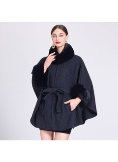 Generic Winter Rabbit Fur Collar Knit Poncho Plus Size Cardigan Women wine red  - Image 2