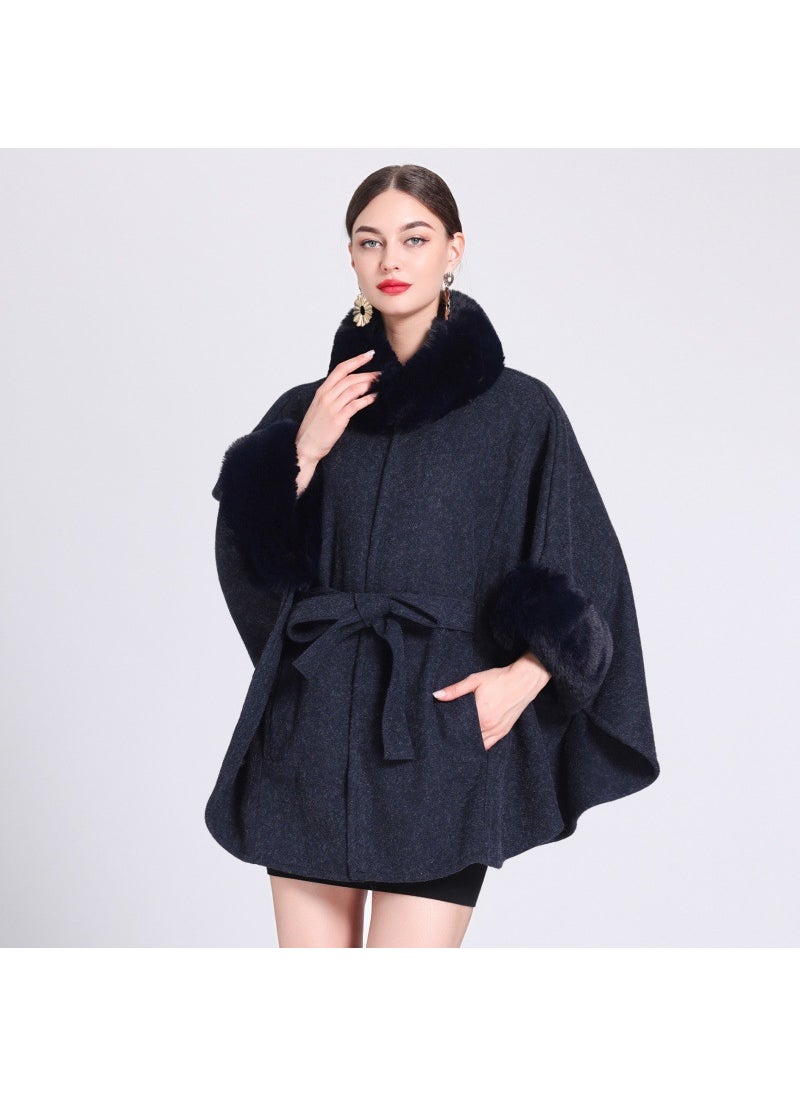 Generic - Winter Rabbit Fur Collar Knit Poncho Plus Size Cardigan Women wine red - Image 1