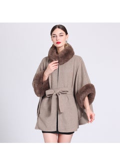 Generic Winter Rabbit Fur Collar Knit Poncho Plus Size Cardigan Women wine red  - Image 4