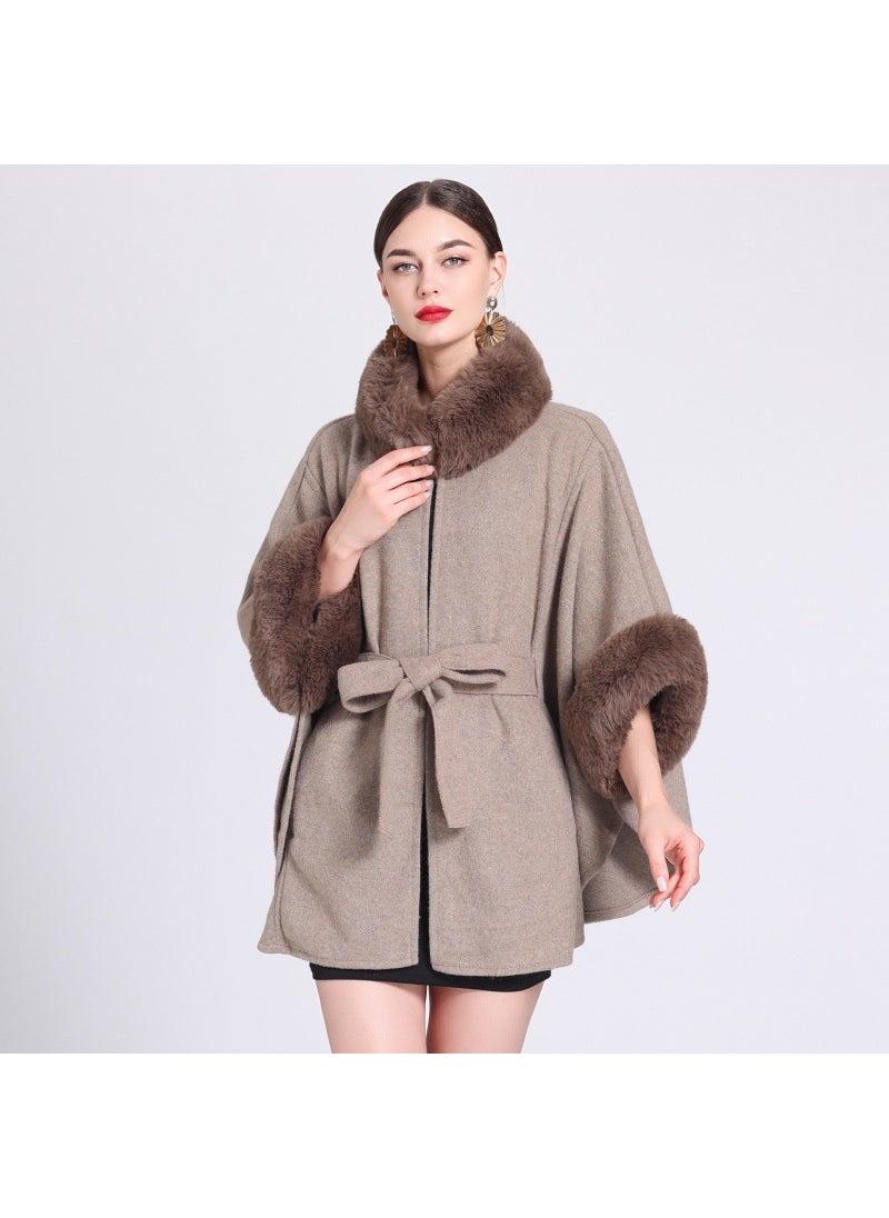 Generic - Winter Rabbit Fur Collar Knit Poncho Plus Size Cardigan Women wine red - Image 1