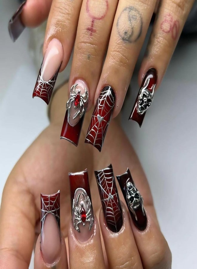 Tyuimhx Halloween Press On Nails Square Long Fake Nails With 3D Spider Ghost Charms Spider Web Designs Red Gradient False Nails Full Cover Stick On Nails Acrylic Artificial Nails For Women 24Pcs