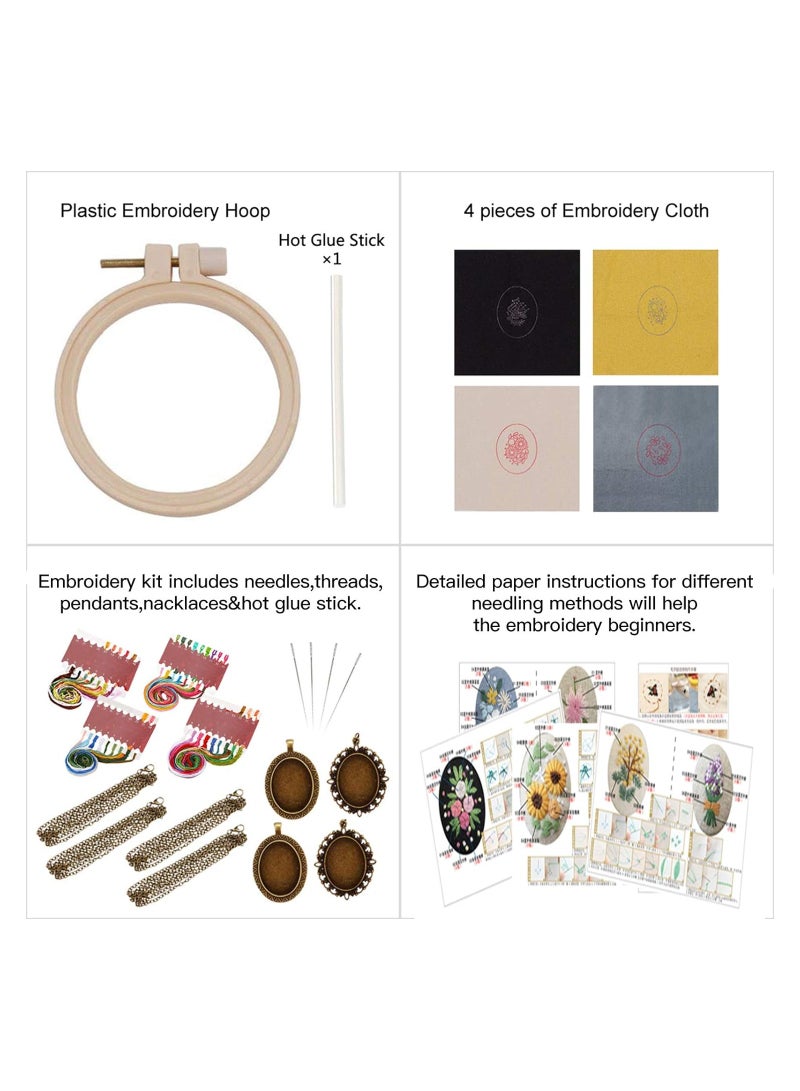 Zikra Retro Necklace Series Embroidery Starter Kit, 4 Pcs Embroidery Necklace Kit, Embroidery Pendant Kit Mini Cross Stitch Kit with Hoop, Necklace, Pendant, Stamped Pattern Cloth, Instructions - Image 4