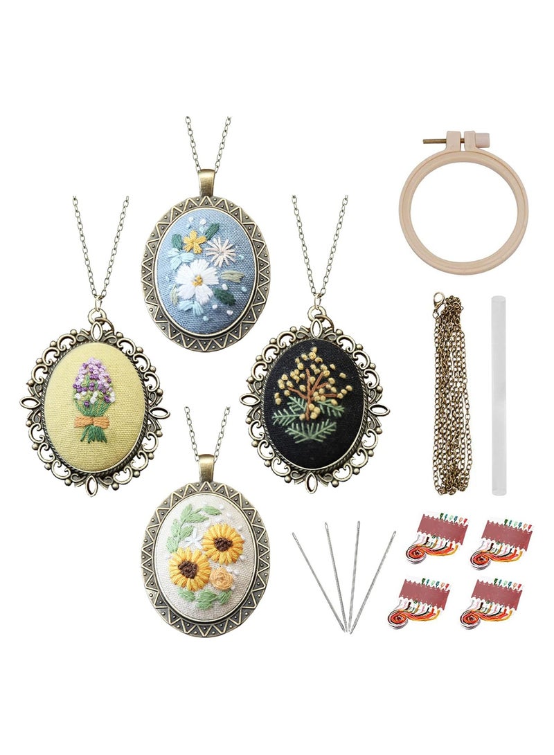 Zikra Retro Necklace Series Embroidery Starter Kit, 4 Pcs Embroidery Necklace Kit, Embroidery Pendant Kit Mini Cross Stitch Kit with Hoop, Necklace, Pendant, Stamped Pattern Cloth, Instructions - Image 1