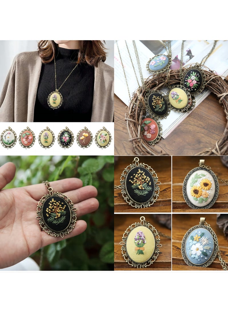 Zikra Retro Necklace Series Embroidery Starter Kit, 4 Pcs Embroidery Necklace Kit, Embroidery Pendant Kit Mini Cross Stitch Kit with Hoop, Necklace, Pendant, Stamped Pattern Cloth, Instructions - Image 2