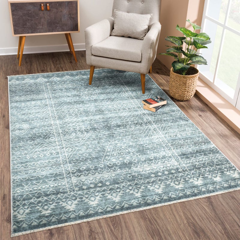 Bloom Rugs سجادة Bloom Rugs Caria قابلة للغسل وغير قابلة للانزلاق مقاس 5 × 7 - سجادة منطقة هندسية باللون الأزرق المخضر/العاجي لغرفة المعيشة وغرفة النوم وغرفة الطعام والمطبخ - الحجم الدقيق: 5 × 7 بوصة - Image 1