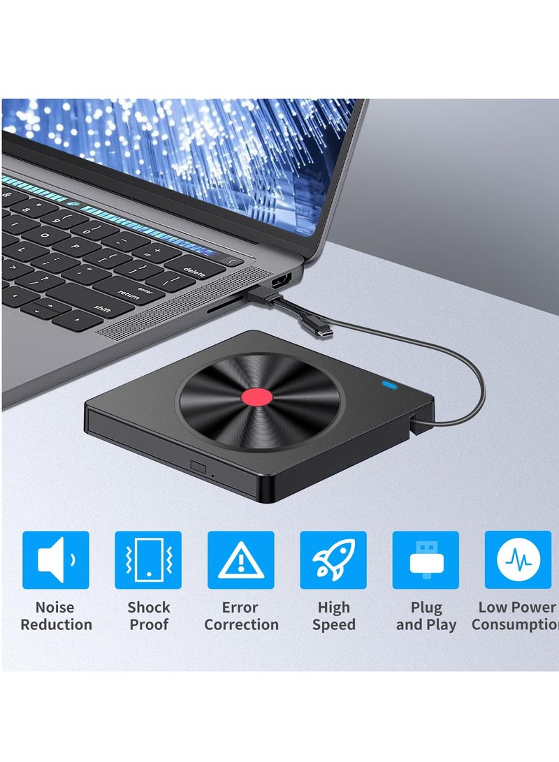 External DVD Drive, CD Drive USB 3.0 Type C Portable CD/DVD ROM +/-RW Burner Rewriter with SD TF Slot & USB Ports, Slim DVD Player for Laptop Mac Macbook Pro Air PC Apple iMac Windows