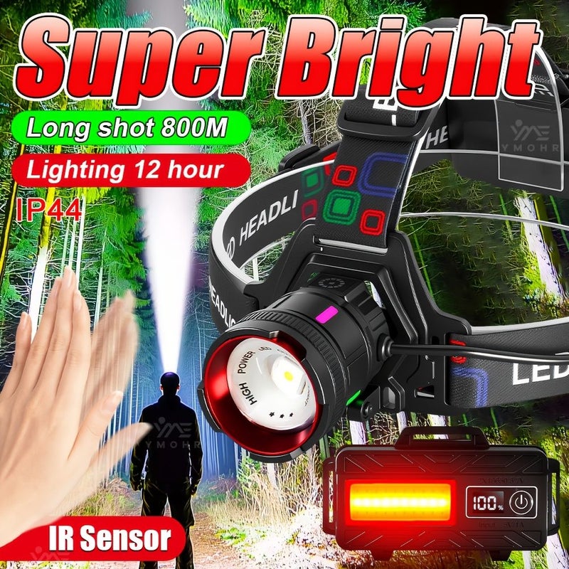 1 2 Pack Rechargeable Headlamp Super Bright High Lumens Motion Sensor Headlamp With 3 Modes Zoomable 180 Degree Adjustable Long Shot 800 Meters 12 Hour Runtime Portable Headlight For Fishing Camping Hiking - Image 1