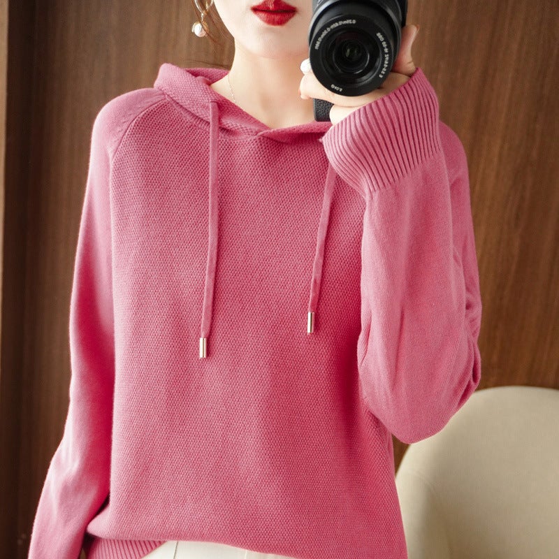 Wool Blended 2022 Autumn and Winter Womens New Korean Style Loose Hooded Sweater Solid Color Knitted Base Pullover Sweater Raspberry