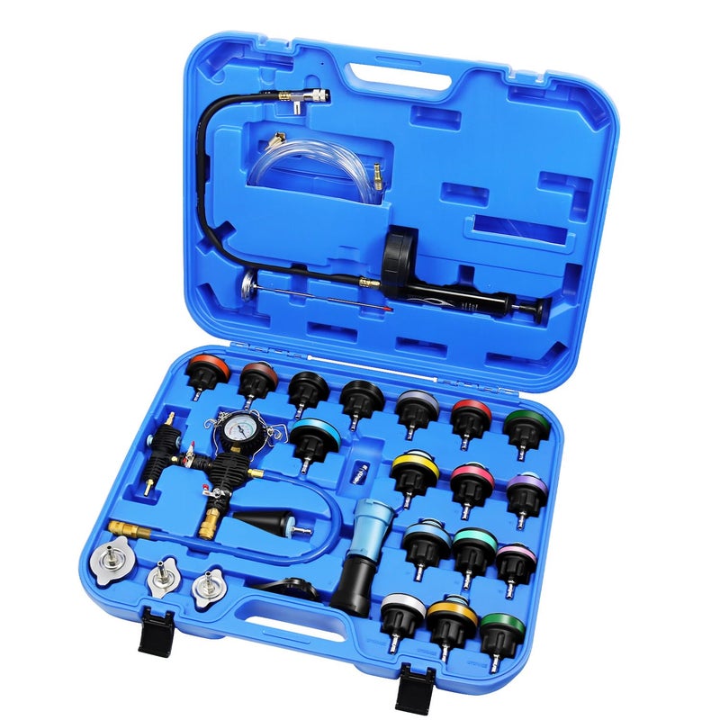 JIFETOR Radiator Pressure Leakage Tester Vacuum Cooling System Purge Coolant Refill Tool Kit 28PCS Universal Automotive Water Tank Leak Test Detector Pneumatic Vacuum Coolant Change Set