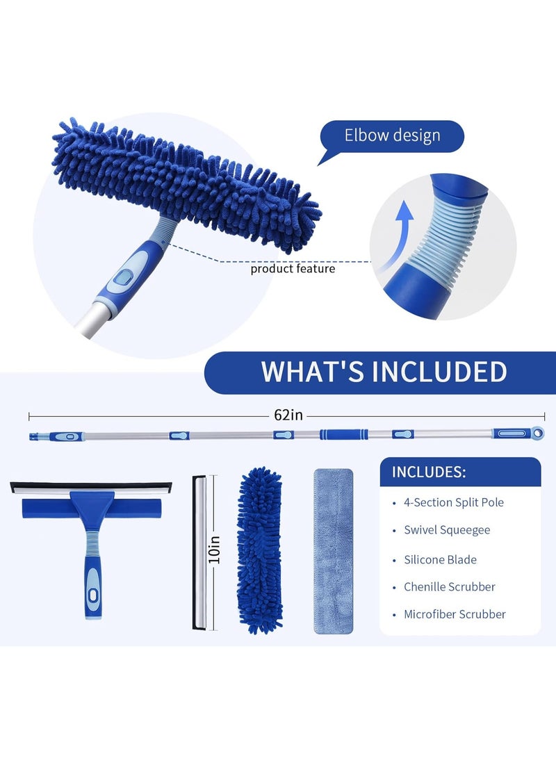 كيلا مجموعة ممسحة النوافذ الاحترافية، عمود ألومنيوم خفيف الوزن 62 بوصة، مجموعة أدوات تنظيف النوافذ الدوارة 2 في 1 مع عمود تمديد للتنظيف برأس قابل للانحناء للسيارة/الدش/النوافذ العالية - Image 2