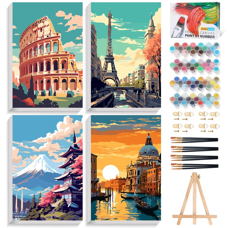 Offito 4 Pack Framed Paint by Numbers Kit for Adults Beginners with Wooden Easel, Landscape Easy Paint by Number Kit with Frame, Watercolor Adult Paint by Number Framed Canvas (8 * 12 Inch) - Image 1
