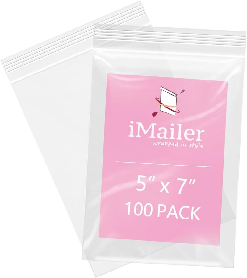iMailer 100 Pcs- 5" x 7", 2 Mil Reclosable Plastic Zip Poly Bags- Clear Resealable Sealing Storage Ziplock Bag for A2 A4 A6 Cards & Envelopes, Bakery, Cookies, Candies - Image 1