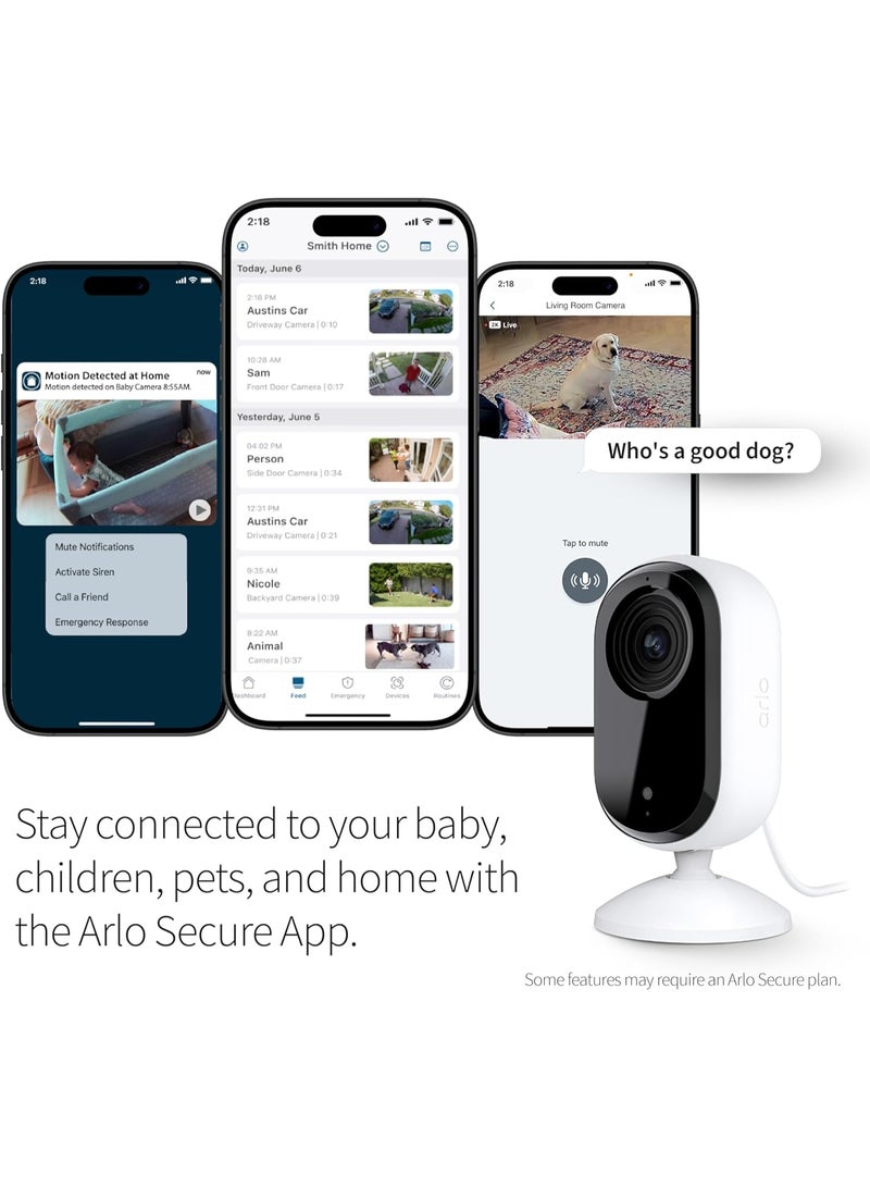 ARLO كاميرا أمان أرلو الأساسية 2K | داخلية فقط | الجيل الثاني | مراقبة الأطفال وكاميرا الحيوانات الأليفة | لاسلكية مع ضوء كشاف، صوت ثنائي الاتجاه، رؤية ليلية ملونة، بث مباشر، تفعيل الحركة، بيضاء، 2 كاميرات - Image 4