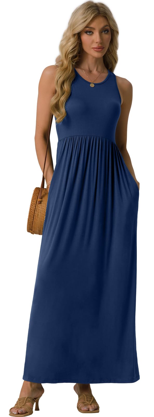 GRECERELLE Women's Summer Sleeveless Casual Long Tank Maxi Dress with Pockets, Navy Blue, XL - Image 4