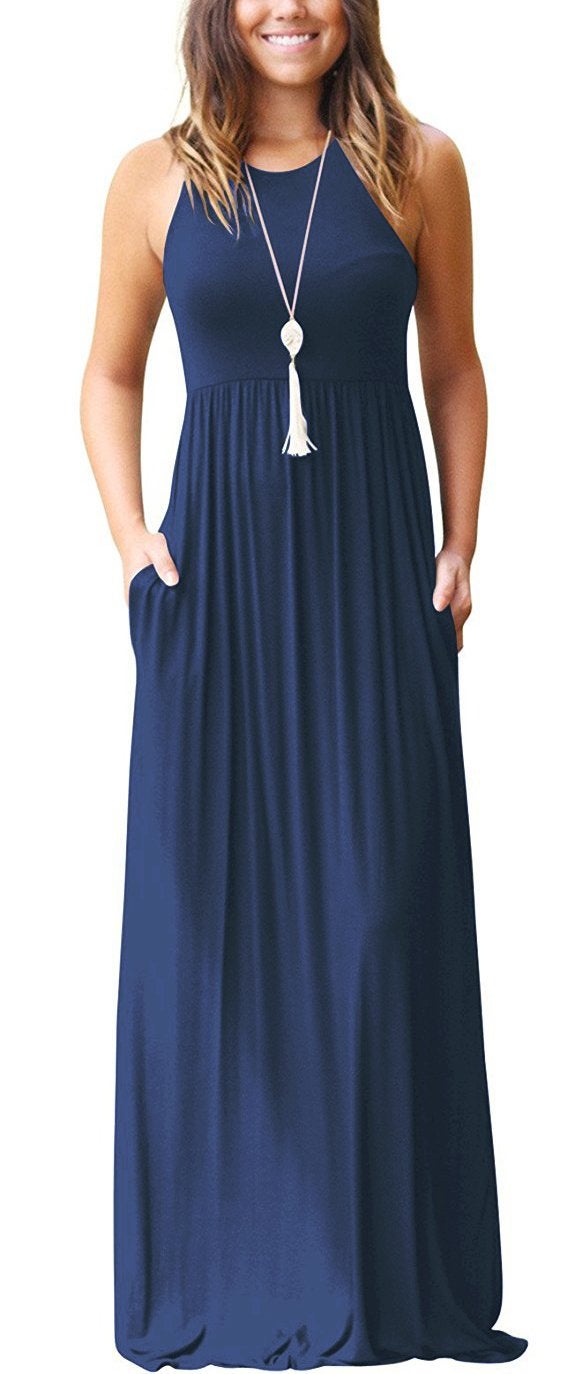 GRECERELLE Women's Summer Sleeveless Casual Long Tank Maxi Dress with Pockets, Navy Blue, XL - Image 1