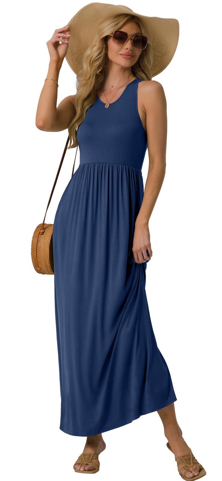 GRECERELLE Women's Summer Sleeveless Casual Long Tank Maxi Dress with Pockets, Navy Blue, XL - Image 5