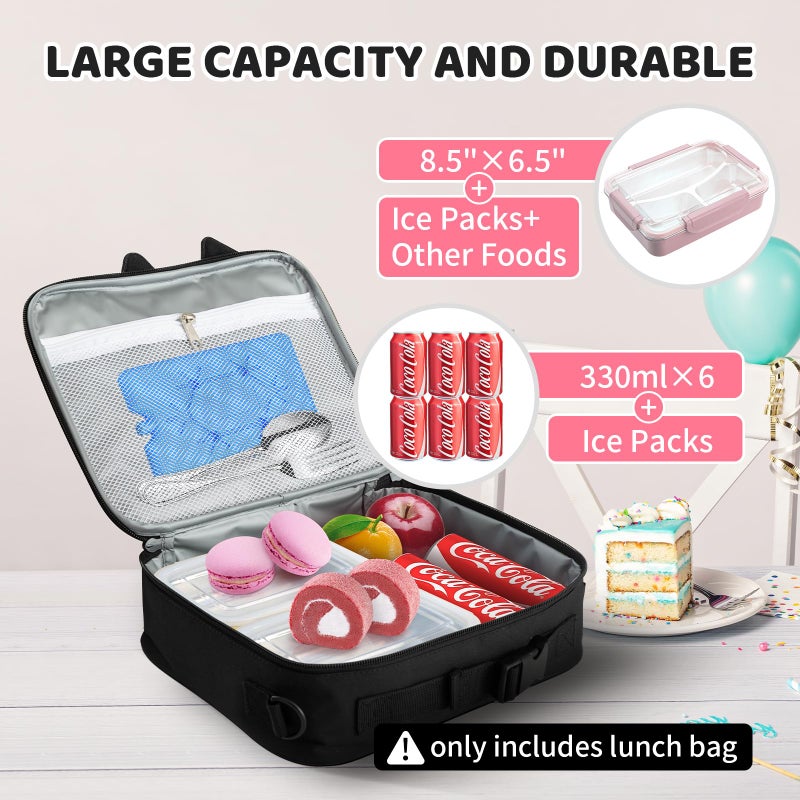 Easozoom Insulated Lunch Bag lonchera for Teen Girl Boy Kid Bento Box Reusable Large Capacity Portable Waterproof Leakproof with Name Tag to School Office Picnic Travel (1PCS Lunch Bag) (Black) - Image 5