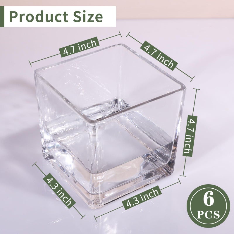 PINIWON 6 Pack Square Glass Vases 5 x 5 x 5 Inch, Clear Cube Flower Vases for Centerpieces, Candle Holders for Wedding Party Home Decor - Image 2