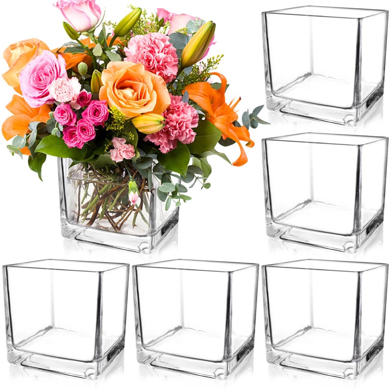 PINIWON 6 Pack Square Glass Vases 5 x 5 x 5 Inch, Clear Cube Flower Vases for Centerpieces, Candle Holders for Wedding Party Home Decor - Image 1