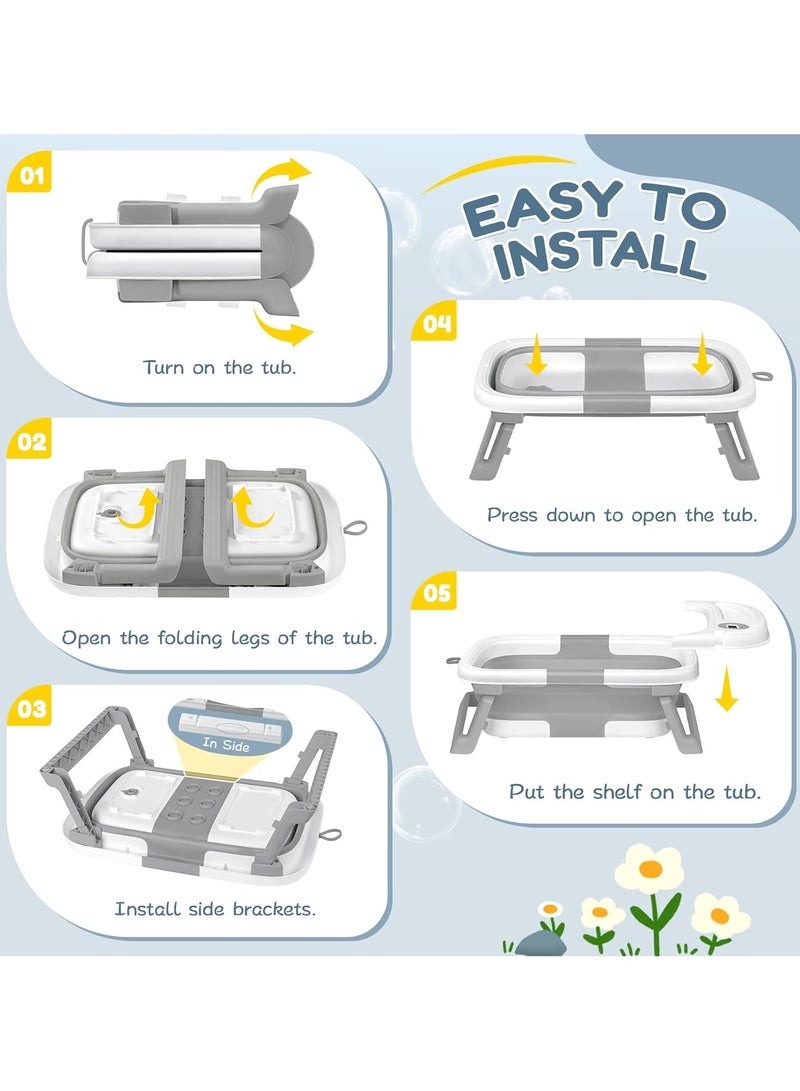 NNEWVANTE حوض استحمام قابل للطي للأطفال، حوض استحمام للأطفال مع مقياس حرارة ووسادة ناعمة، حوض استحمام للأطفال من حديثي الولادة حتى toddlers 0-36 شهرًا، حوض استحمام محمول للسفر مع أقدام غير قابلة للانزلاق، هدايا استحمام للأطفال، رمادي - Image 2