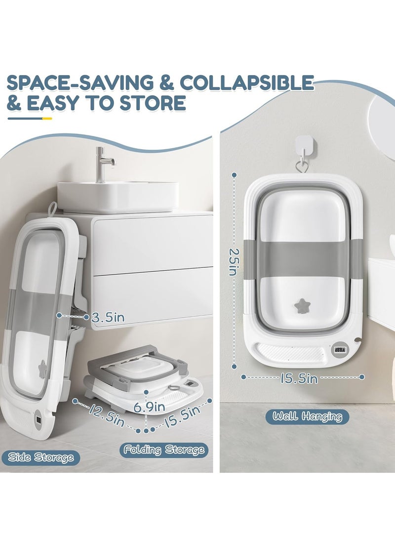 NNEWVANTE حوض استحمام قابل للطي للأطفال، حوض استحمام للأطفال مع مقياس حرارة ووسادة ناعمة، حوض استحمام للأطفال من حديثي الولادة حتى toddlers 0-36 شهرًا، حوض استحمام محمول للسفر مع أقدام غير قابلة للانزلاق، هدايا استحمام للأطفال، رمادي - Image 3