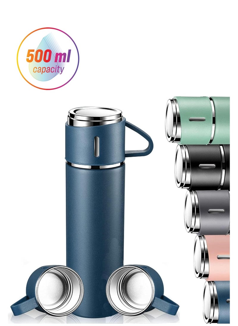 JAJEEK 500ml Stainless Steel Vacuum Thermos Flask with Silicone Handle – Insulated Water Bottle with 2 Stainless Steel Cups Set for Hot & Cold Outdoor Travel | Gift Box (2 PACK, BLUE) – Perfect for Hiking, Camping, and Travel  - Image 1