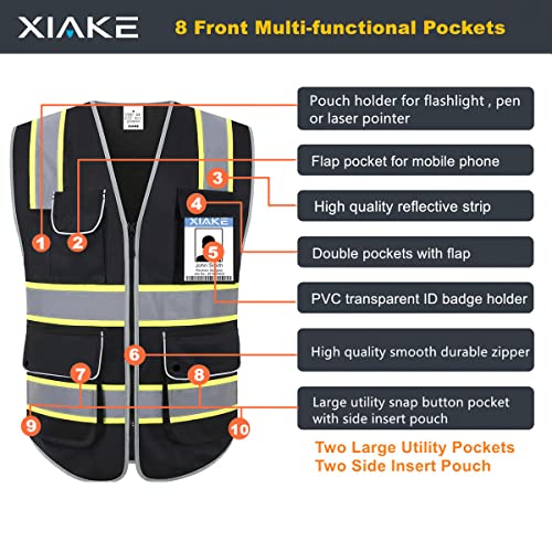 XIAKE 8 Pockets High Visibility Class 2 Reflective Safety Vest for Men & Women with 2 Inch Dual Tone Strips,Black(X-Large,Black Dual Tone) - Image 3