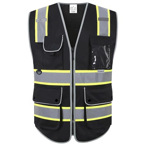 XIAKE 8 Pockets High Visibility Class 2 Reflective Safety Vest for Men & Women with 2 Inch Dual Tone Strips,Black(X-Large,Black Dual Tone) - Image 1