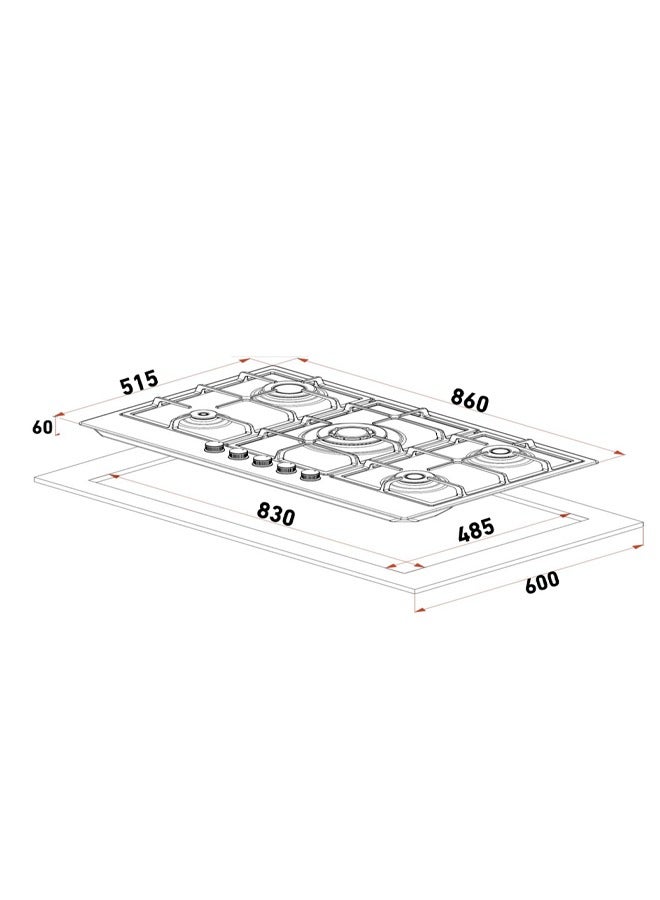 XPER Built-in Gas Hob - 86 cm - 5 Burners - Turkish -Steel - XPBH90ENG - Image 4