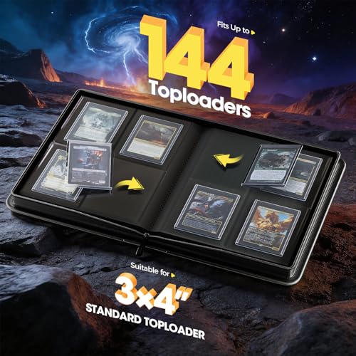ProCase 4 Pocket Top Loader Binder Holding 144 Cards in 3x4 Toploaders Side Loading Small Book Folder with Clear Window for Pokemon Trading Sports Cards Collection TCG MTG Black - Image 3