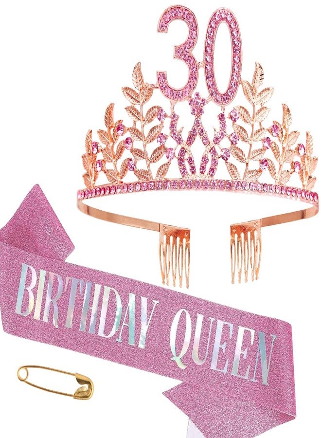 HPMAISON 30th Birthday Decorations for Her 30 Years Happy Birthday Tiara & Sash for Women Rose Gold Rhinestone Crown "Birthday Queen" Sash Princess Headwear Cake Topper Hair Accessories Party Favor - Image 1