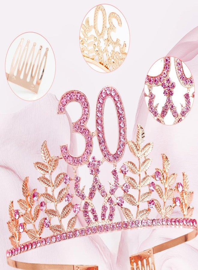 HPMAISON 30th Birthday Decorations for Her 30 Years Happy Birthday Tiara & Sash for Women Rose Gold Rhinestone Crown "Birthday Queen" Sash Princess Headwear Cake Topper Hair Accessories Party Favor - Image 3