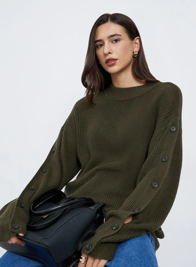 Styli Olive Green Regular Fit Button-Detail Sweater