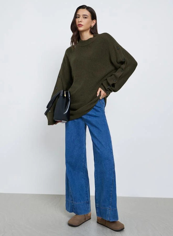 Styli Styli Olive Green Regular Fit Button-Detail Sweater