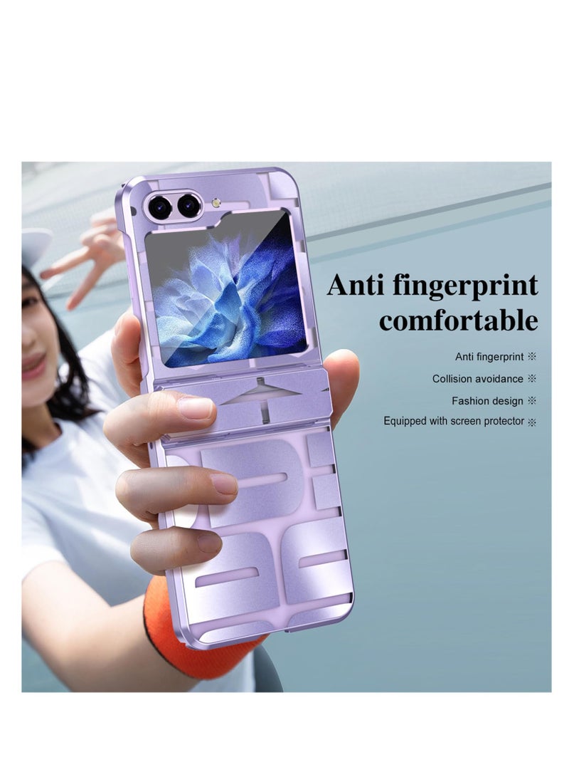 Full-Coverage Hinged Protective Case with Screen Protector for Samsung Galaxy Z Flip 5 (2023) - Military-Grade Fall Protection, Transparent Design, Purple Color. - Image 3