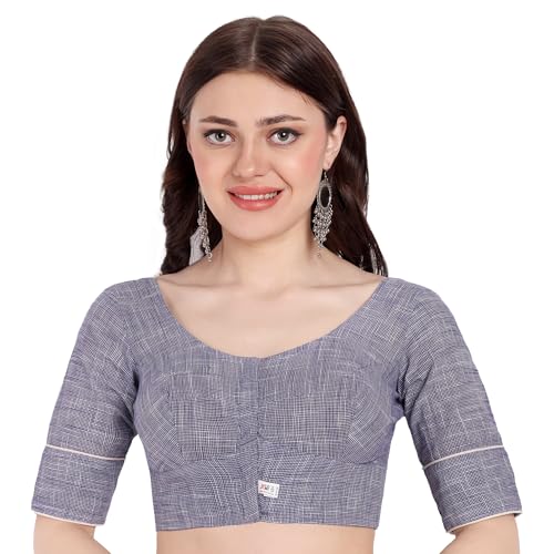 JISB Women's Cotton Micro Checks Elbow Sleeve Blouse (Blue, 38) - Image 1